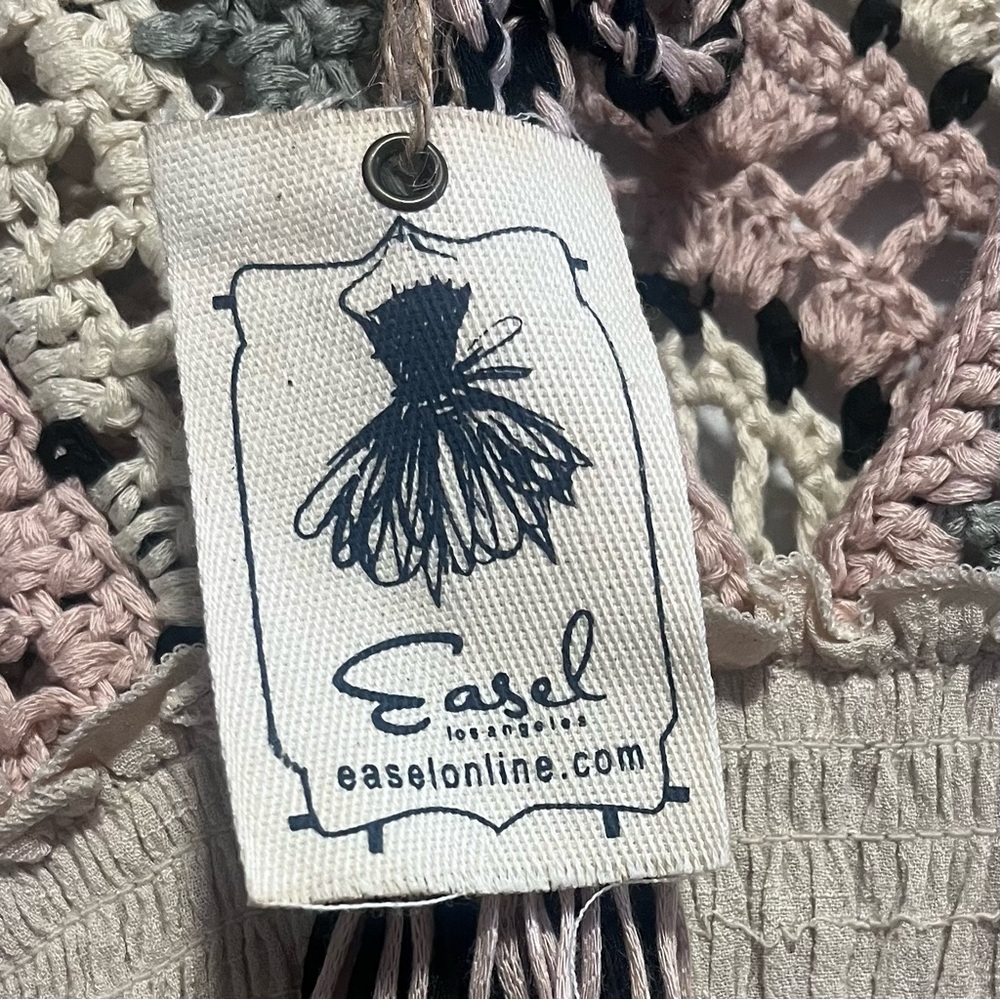 Easel Los Angeles Boho Crochet Babydoll Top Cottagecore Neutral Blouse - Picture 5 of 10
